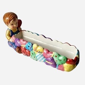 PORCELAIN COOKIE TRAY CANDY DISH with a Little Boy and Puffy Colorful Hearts WCL